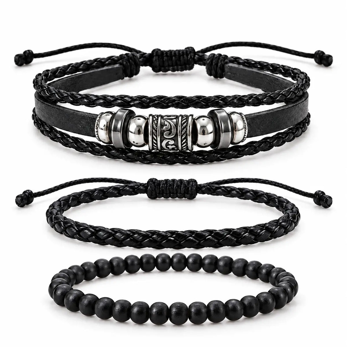 SEYOR men’s three-piece black bracelet set featuring braided leather bands, silver-tone decorative beads and matte black beads on white.