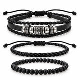SEYOR men’s three-piece black bracelet set featuring braided leather bands, silver-tone decorative beads and matte black beads on white.