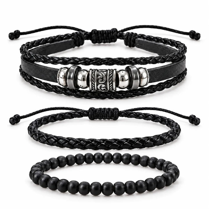 SEYOR men’s three-piece black bracelet set featuring braided leather bands, silver-tone decorative beads and matte black beads on white.