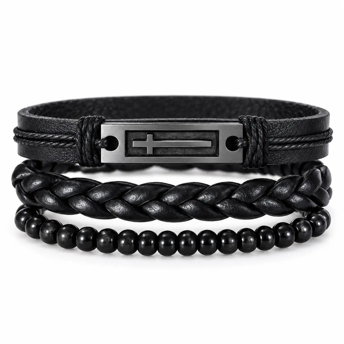 SEYOR men’s three-piece black bracelet set featuring a stainless steel cross plate, braided leather band and polished black beads on white.