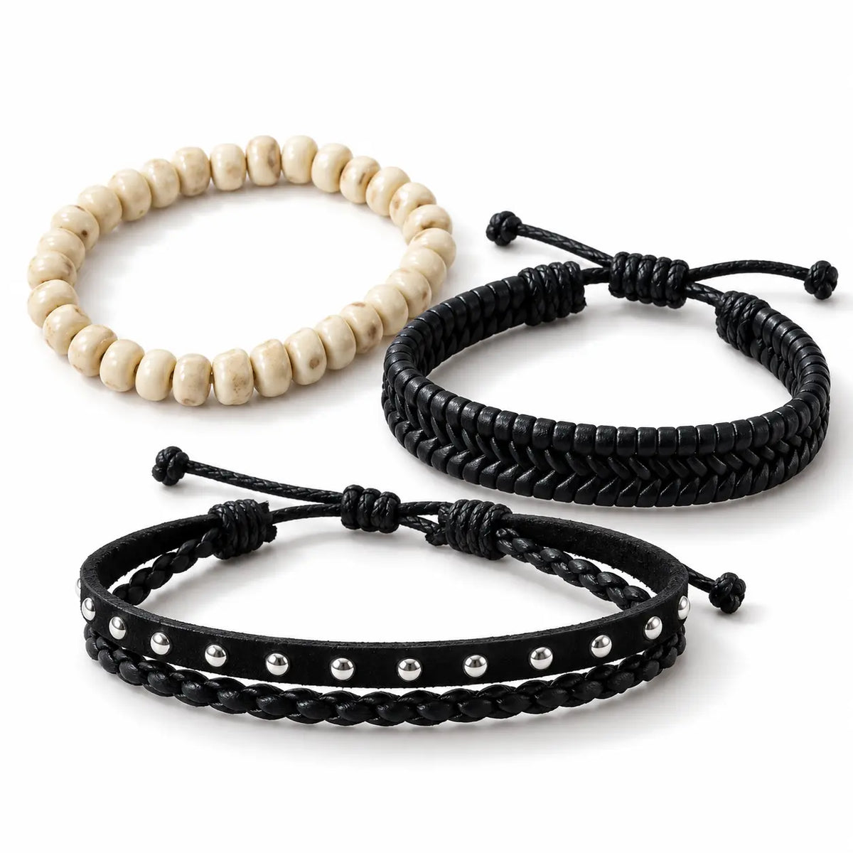 SEYOR men’s three-piece bracelet set featuring an ivory bead bracelet and two adjustable black woven leather bands on a white background.