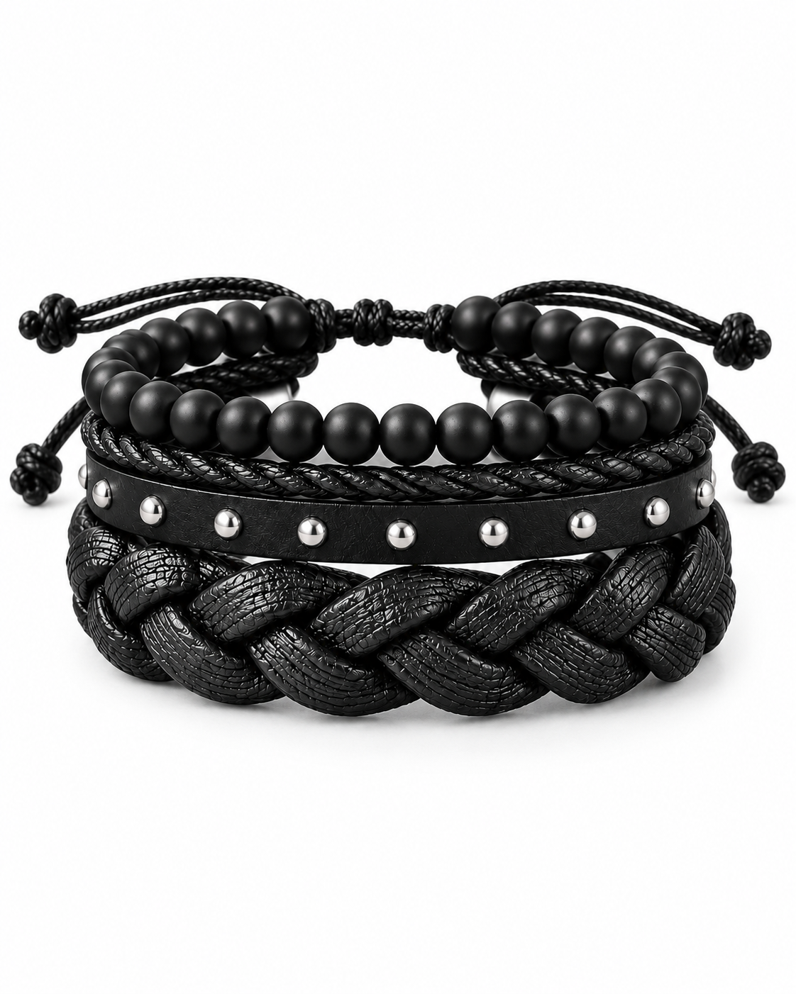 SEYOR men’s black bracelet set featuring matte beads, braided leather bands and silver-tone stud details on a white background.