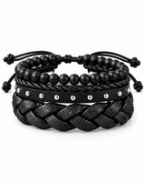 SEYOR men’s black bracelet set featuring matte beads, braided leather bands and silver-tone stud details on a white background.