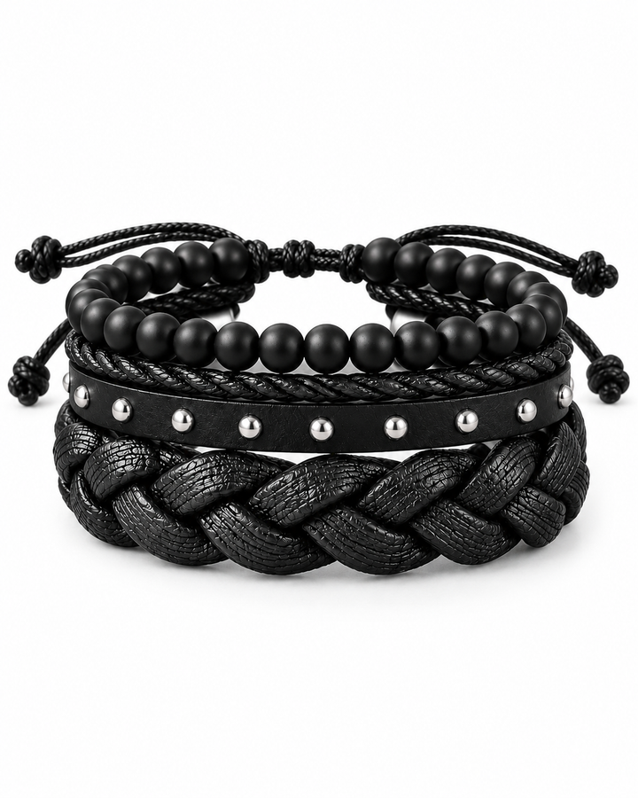 SEYOR men’s black bracelet set featuring matte beads, braided leather bands and silver-tone stud details on a white background.