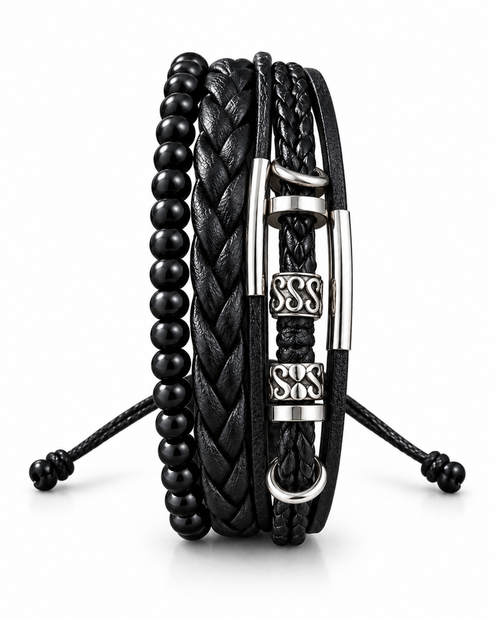 SEYOR men’s black leather and bead bracelet set with multiple braided bands and engraved silver-tone details on white.