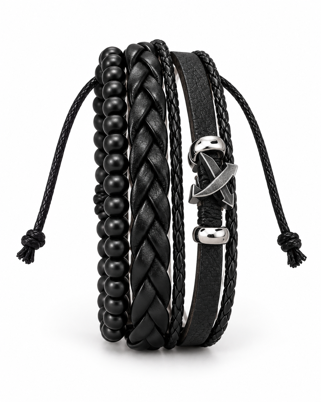 SEYOR men’s multi-layer black bracelet set with matte beads, braided leather bands and a silver-tone crossed-arrows detail on white.