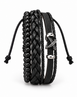 SEYOR men’s multi-layer black bracelet set with matte beads, braided leather bands and a silver-tone crossed-arrows detail on white.