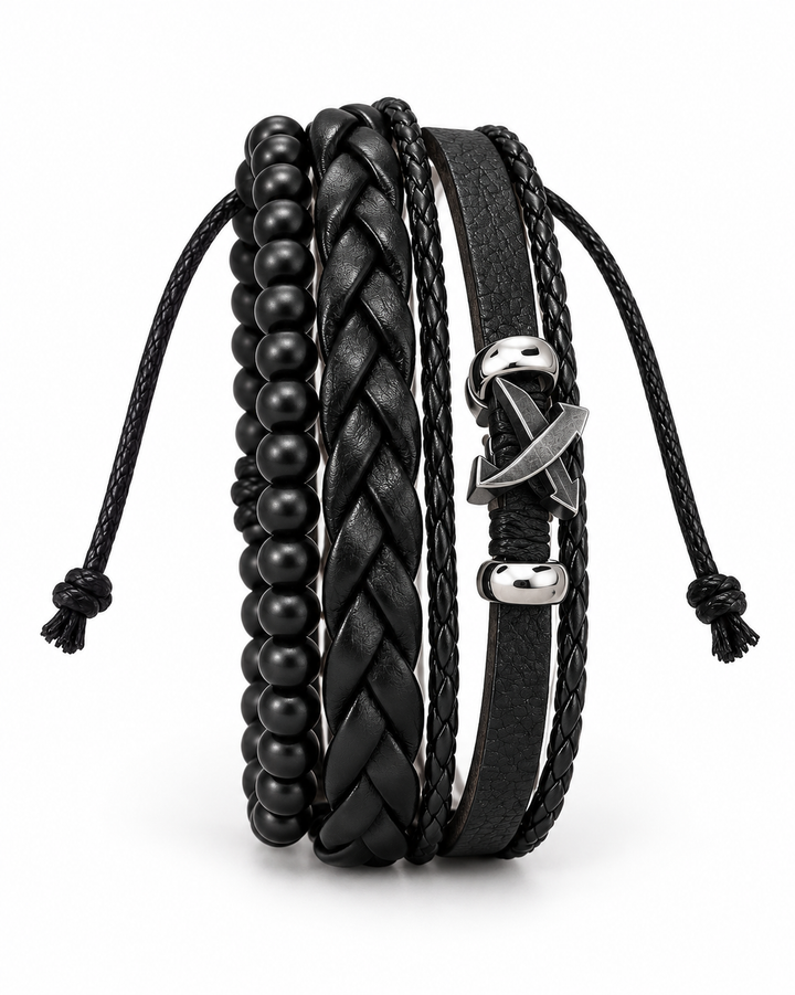 SEYOR men’s multi-layer black bracelet set with matte beads, braided leather bands and a silver-tone crossed-arrows detail on white.