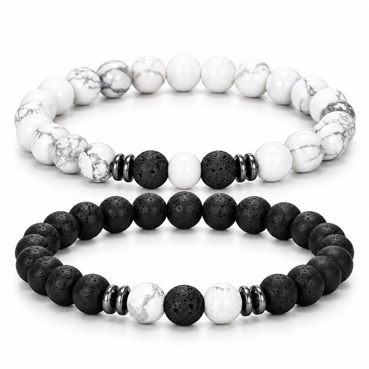 SEYOR men’s matching bracelet set featuring white howlite and matte black lava beads with dark metallic spacer rings on a white background.