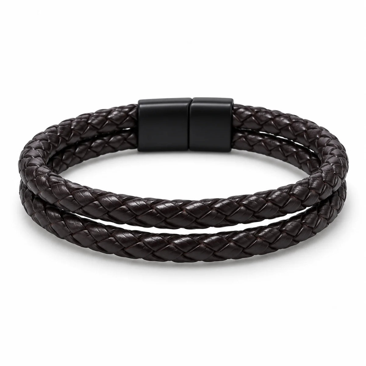 SEYOR men’s coffee-brown double-braided leather bracelet with a matte black magnetic clasp on a white background.