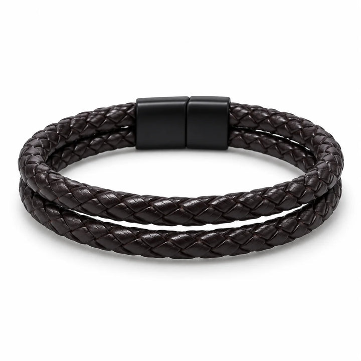 SEYOR men’s coffee-brown double-braided leather bracelet with a matte black magnetic clasp on a white background.