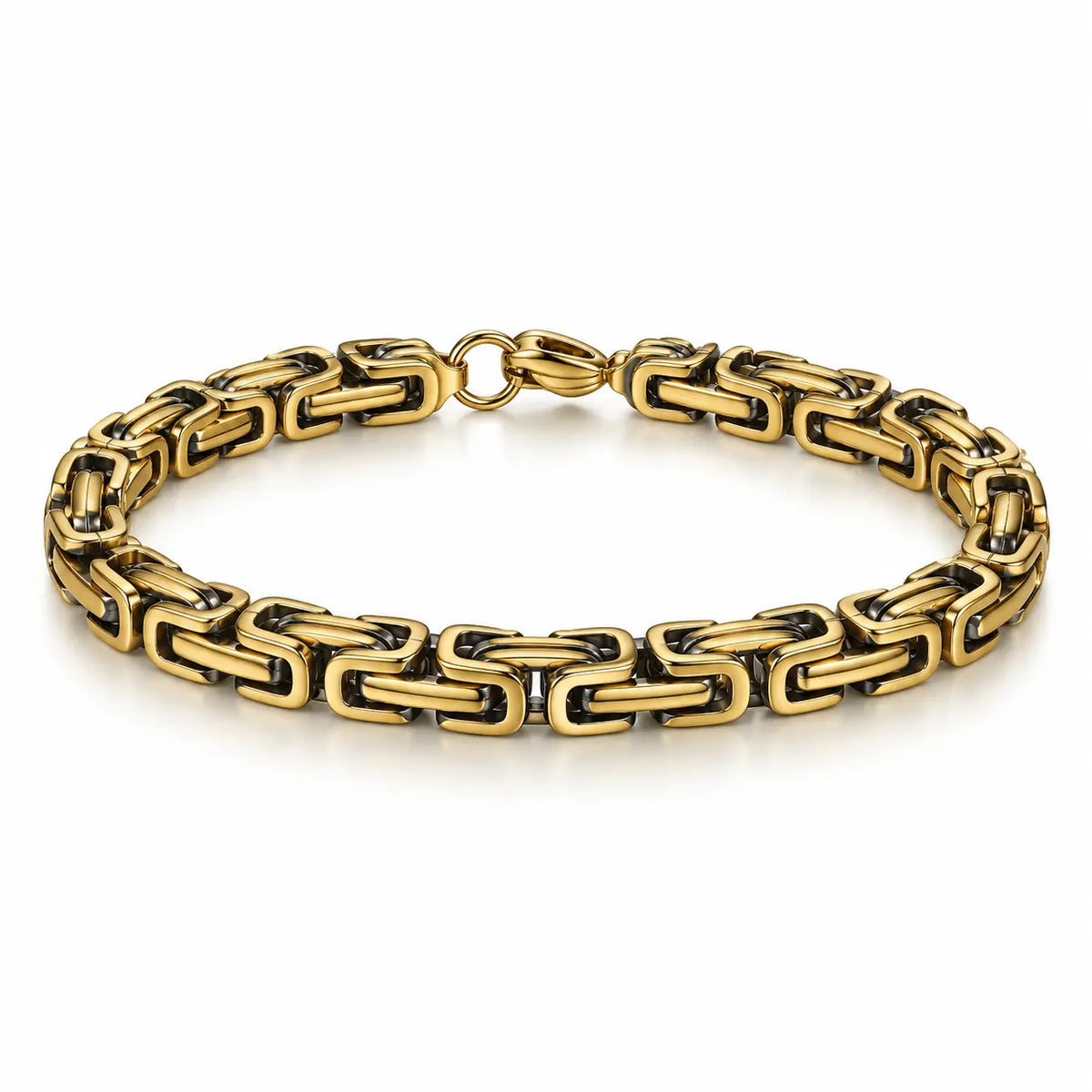 Men’s gold-tone stainless steel Byzantine link bracelet with dark inner accents and a lobster clasp on a white background.