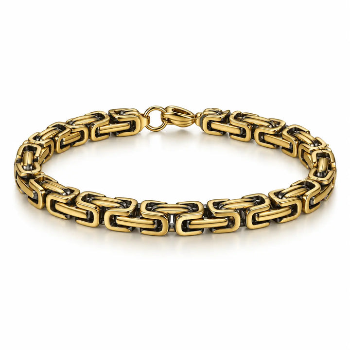 Men’s gold-tone stainless steel Byzantine link bracelet with dark inner accents and a lobster clasp on a white background.
