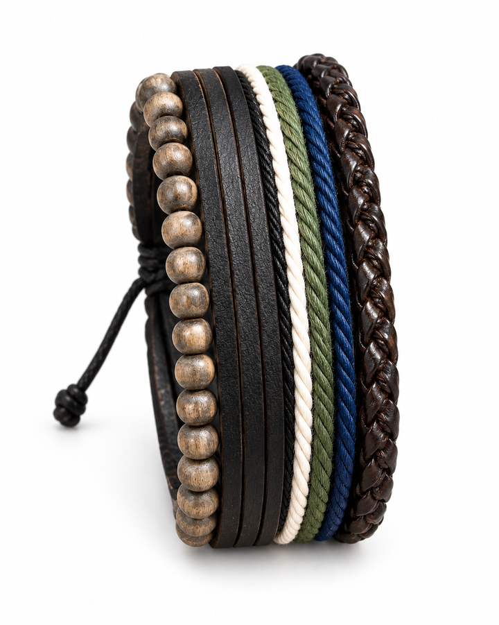 SEYOR men’s multi-layer bracelet set featuring brown beads and black, white, green, blue and brown leather bands on white.