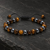 Close-up of SEYOR men's brown tiger eye and dark metallic hematite bracelet with an adjustable cord