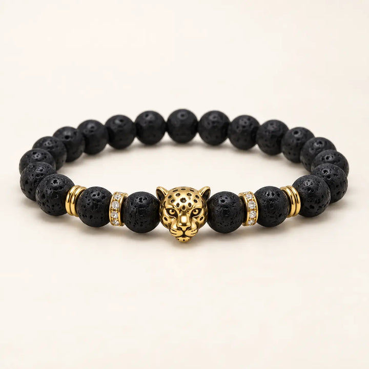 SEYOR men's black lava stone bracelet with a polished gold leopard centerpiece and crystal detailed spacers