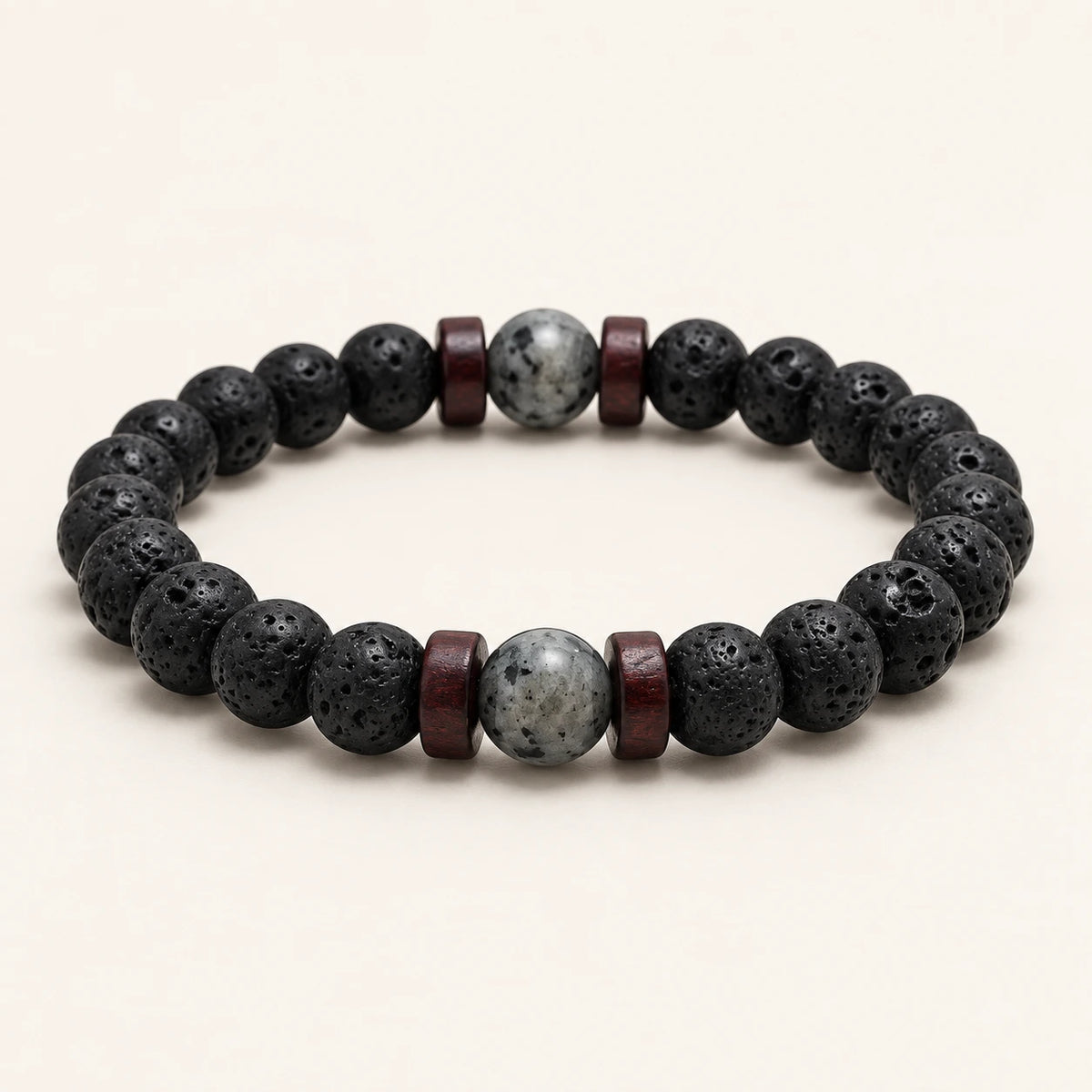 SEYOR men's black lava stone bracelet featuring grey marbled beads and dark wooden spacer accents
