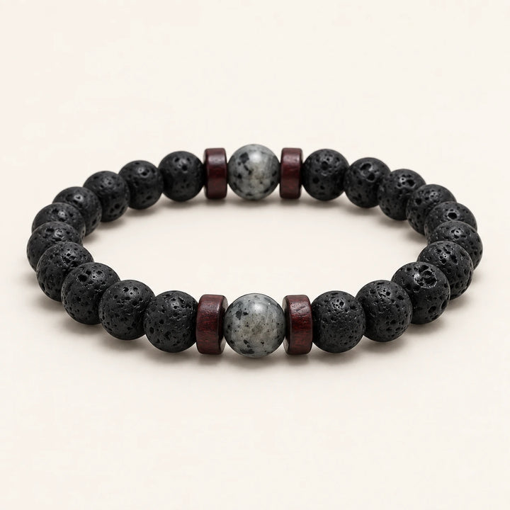 SEYOR men's black lava stone bracelet featuring grey marbled beads and dark wooden spacer accents