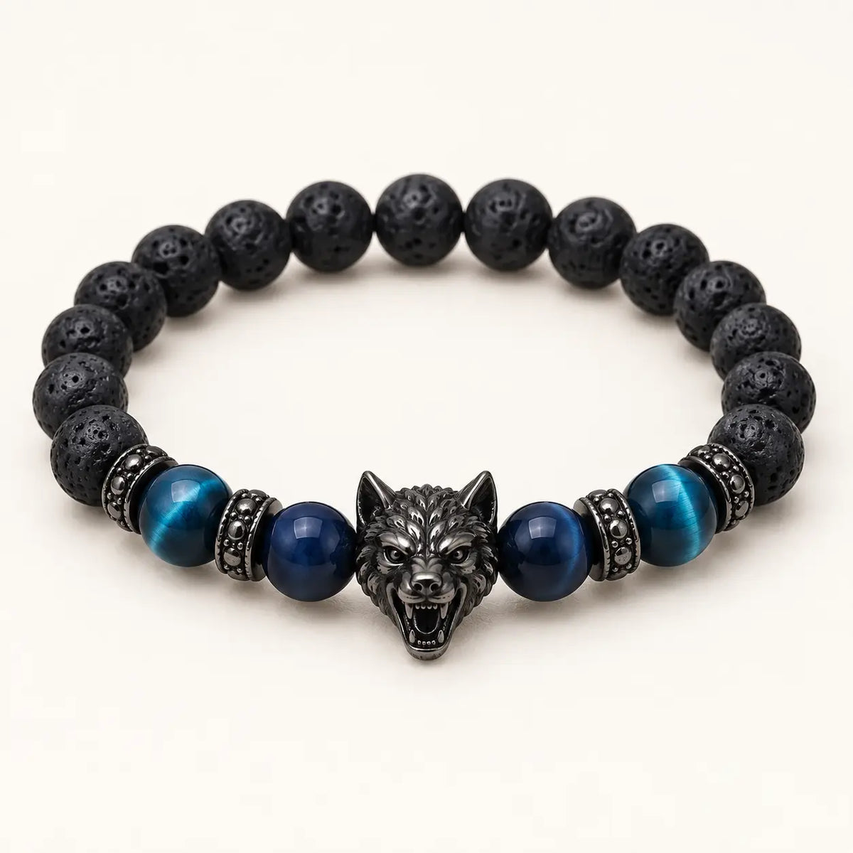 SEYOR men's black lava bead bracelet featuring blue tiger eye stones, metallic spacers and a detailed wolf centerpiece