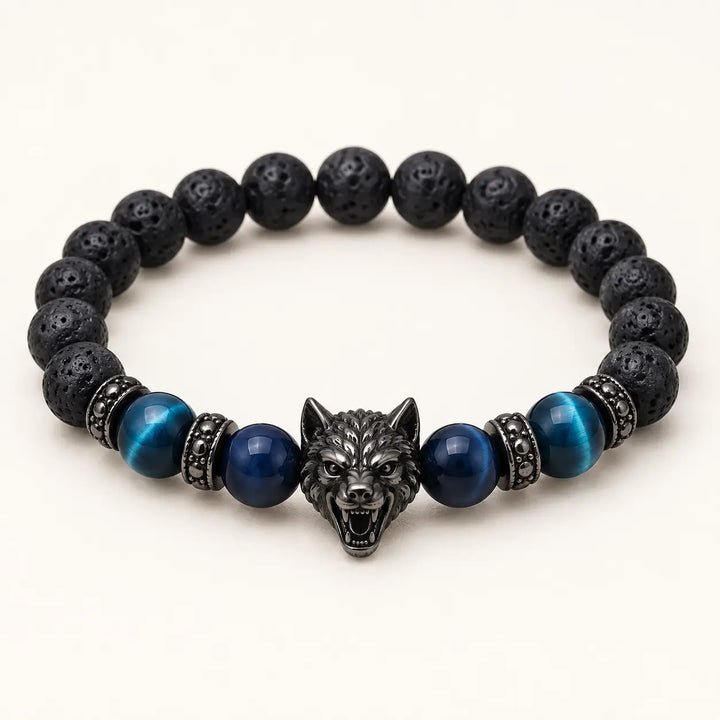 SEYOR men's black lava bead bracelet featuring blue tiger eye stones, metallic spacers and a detailed wolf centerpiece