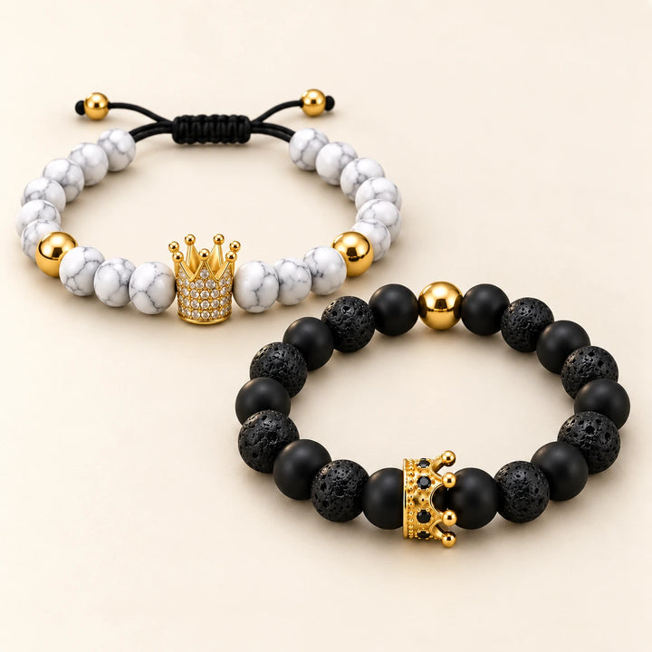 SEYOR men's two-piece bracelet set with black lava beads, white marble beads and gold crown charms