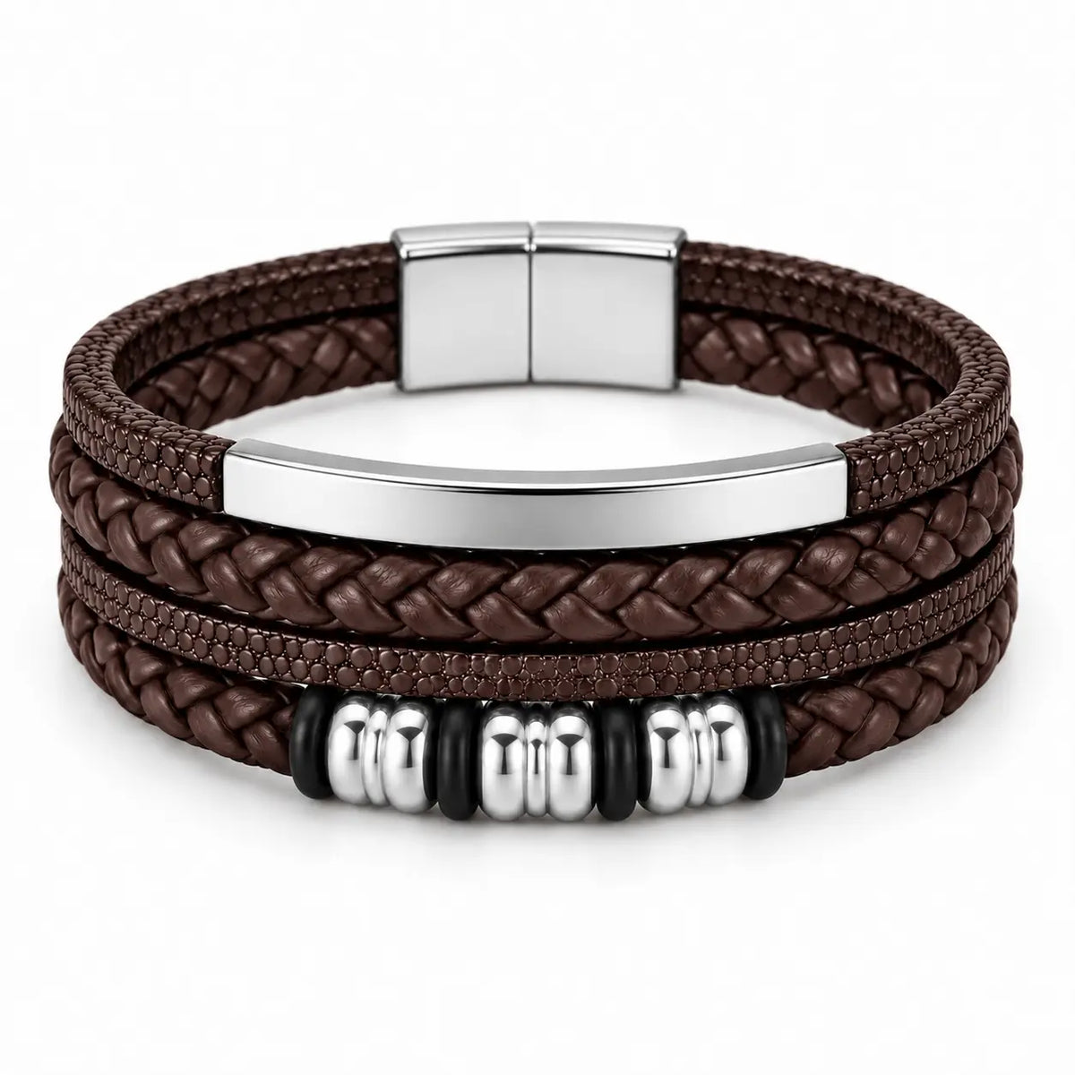 SEYOR men’s coffee brown multilayer leather bracelet with braided detailing, polished silver-tone centerpiece, decorative spacers and magnetic clasp.