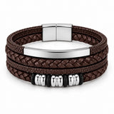 SEYOR men’s coffee brown multilayer leather bracelet with braided detailing, polished silver-tone centerpiece, decorative spacers and magnetic clasp.