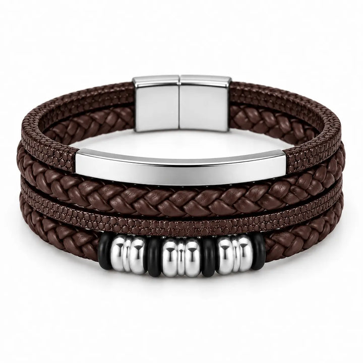 SEYOR men’s coffee brown multilayer leather bracelet with braided detailing, polished silver-tone centerpiece, decorative spacers and magnetic clasp.