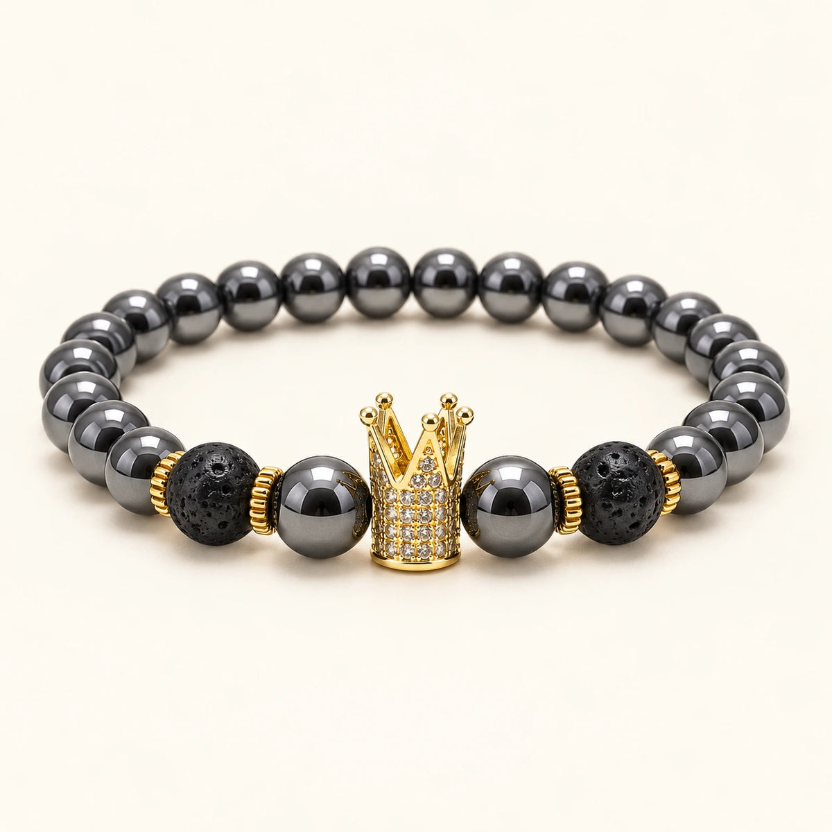 SEYOR men's black hematite and lava stone beaded bracelet with a gold crystal crown centerpiece