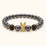 SEYOR men's black hematite and lava stone beaded bracelet with a gold crystal crown centerpiece