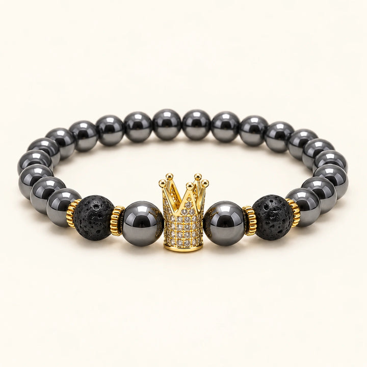 SEYOR men's black hematite and lava stone beaded bracelet with a gold crystal crown centerpiece