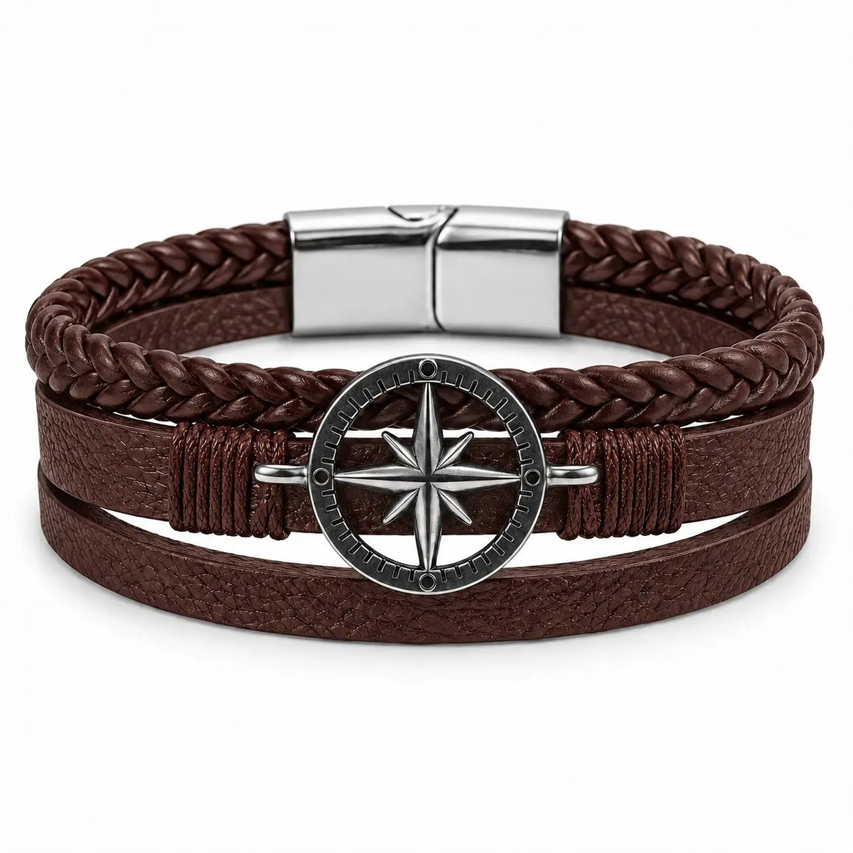 SEYOR multilayer brown leather bracelet for men with braided strands, silver-tone compass medallion and magnetic clasp.