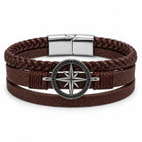 SEYOR multilayer brown leather bracelet for men with braided strands, silver-tone compass medallion and magnetic clasp.