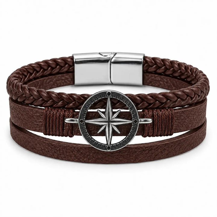 SEYOR multilayer brown leather bracelet for men with braided strands, silver-tone compass medallion and magnetic clasp.
