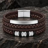SEYOR men’s multilayer coffee brown leather bracelet with braided bands, polished silver-tone bar, silver spacers and magnetic clasp.