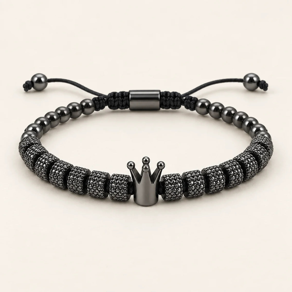SEYOR men's adjustable gunmetal bead bracelet with textured barrel beads and a crown centerpiece