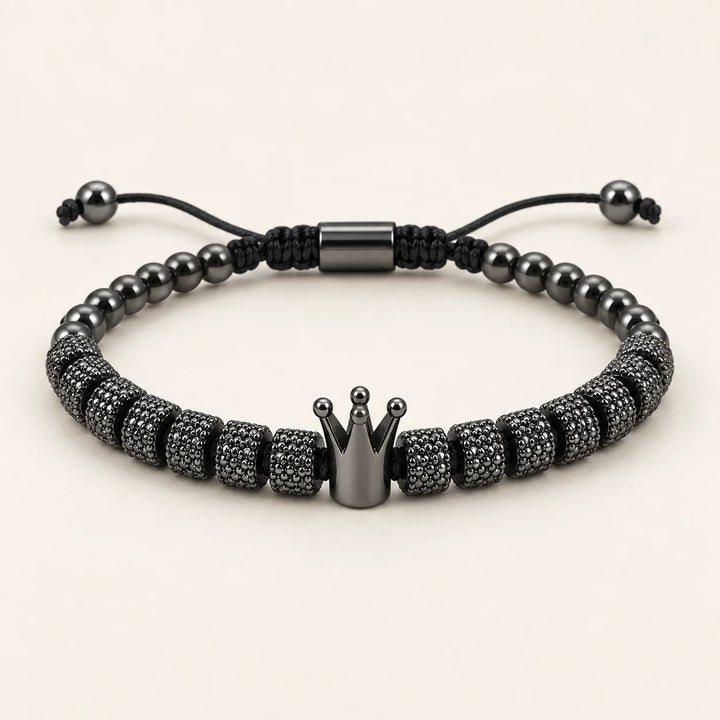 SEYOR men's adjustable gunmetal bead bracelet with textured barrel beads and a crown centerpiece