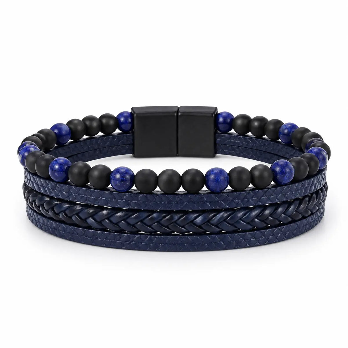 SEYOR men’s multilayer navy blue leather bracelet with braided straps, matte black beads, blue stone beads and black magnetic clasp.
