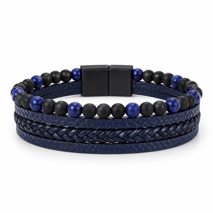 SEYOR men’s multilayer navy blue leather bracelet with braided straps, matte black beads, blue stone beads and black magnetic clasp.