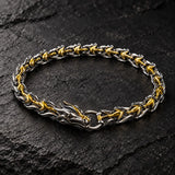 Close-up of SEYOR men's two-tone dragon chain bracelet with silver sculpted links, gold accents and a dragon head clasp