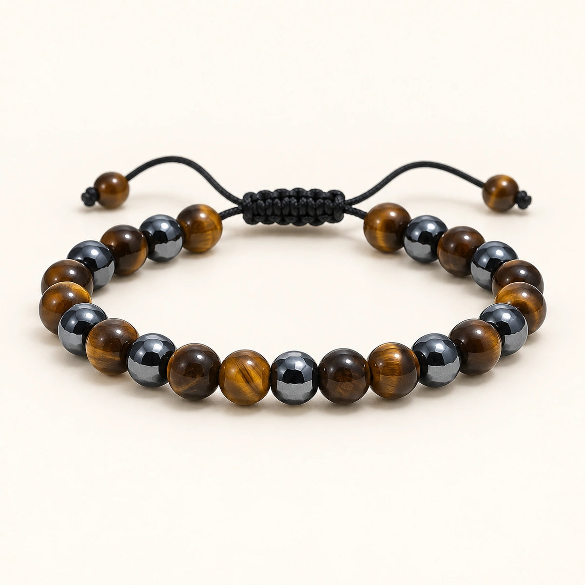 SEYOR men's adjustable bracelet with polished brown tiger eye beads and faceted hematite accents