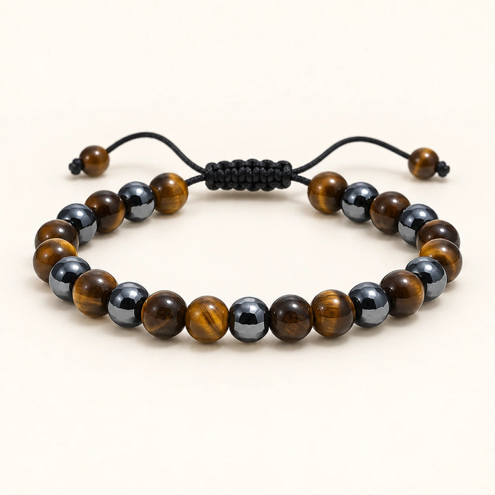 SEYOR men's adjustable bracelet with polished brown tiger eye beads and faceted hematite accents