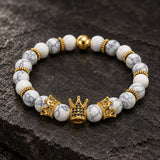 SEYOR men's white howlite beaded bracelet with three gold crown centerpieces, blue crystal details and gold spacers