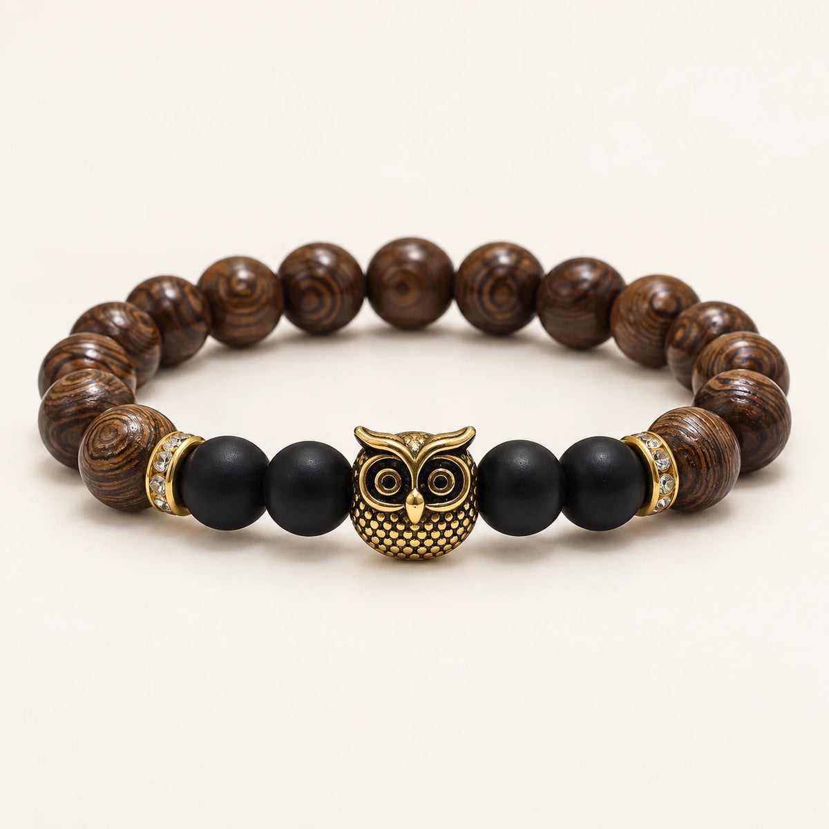 SEYOR men's brown wooden bead bracelet with matte black beads, gold owl charm and crystal spacers