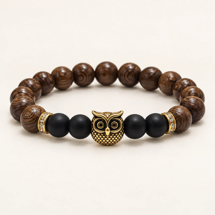 SEYOR men's brown wooden bead bracelet with matte black beads, gold owl charm and crystal spacers