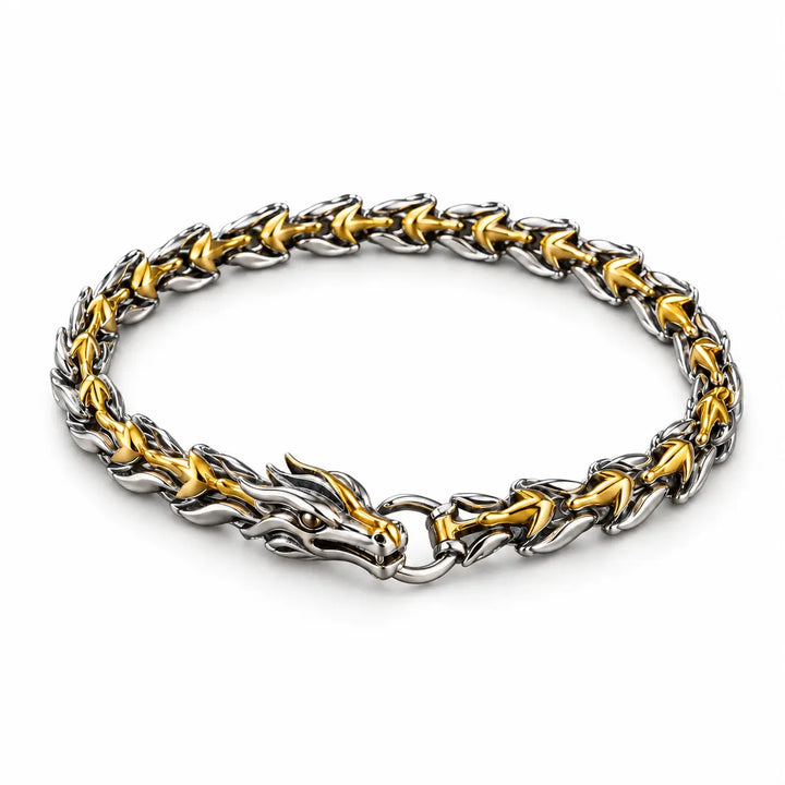 SEYOR men's silver and gold-tone stainless steel dragon bracelet featuring detailed links and a dragon head closure