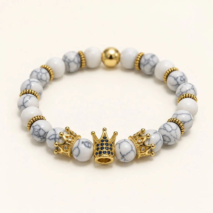 SEYOR men's white howlite bracelet with three detailed gold crowns, blue stones and decorative gold spacers