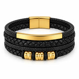 SEYOR men’s multilayer black leather bracelet with braided detailing, polished gold-tone centerpiece, decorative gold spacers and magnetic clasp.