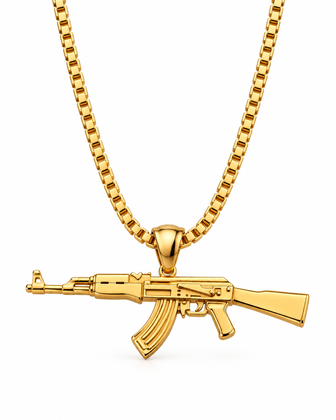 Men’s gold-tone box chain necklace featuring a detailed rifle-shaped pendant on a white background.