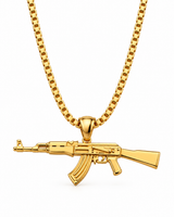 Men’s gold-tone box chain necklace featuring a detailed rifle-shaped pendant on a white background.